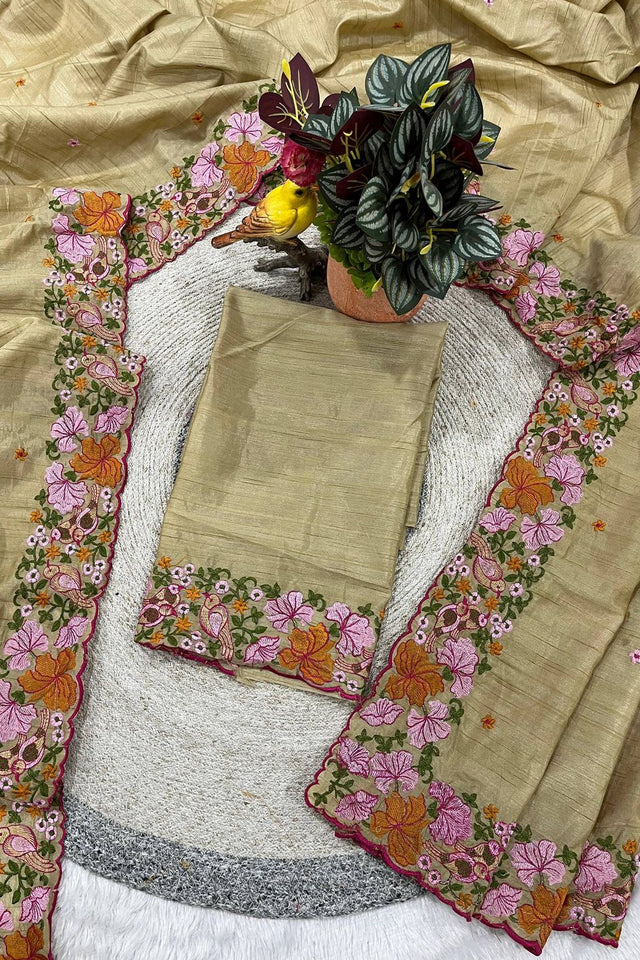 Beige Floral Embroidered Silk Saree (ACB1270)