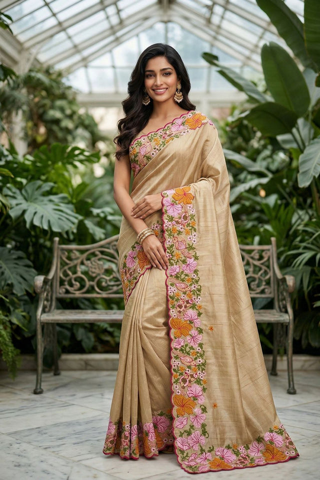 Beige Floral Embroidered Silk Saree (ACB1270)
