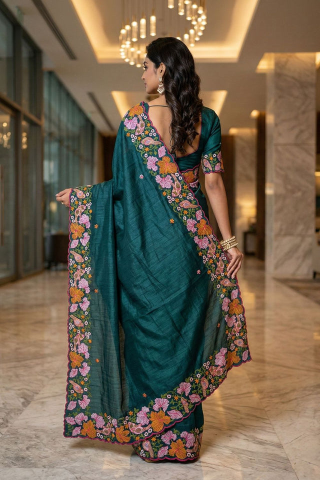 Green Floral Embroidered Silk Saree (ACB1271)