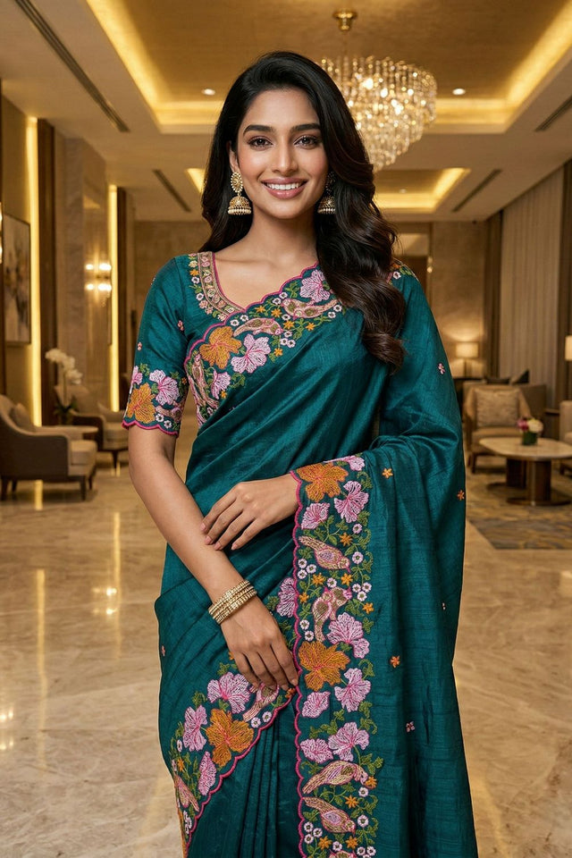Green Floral Embroidered Silk Saree (ACB1271)