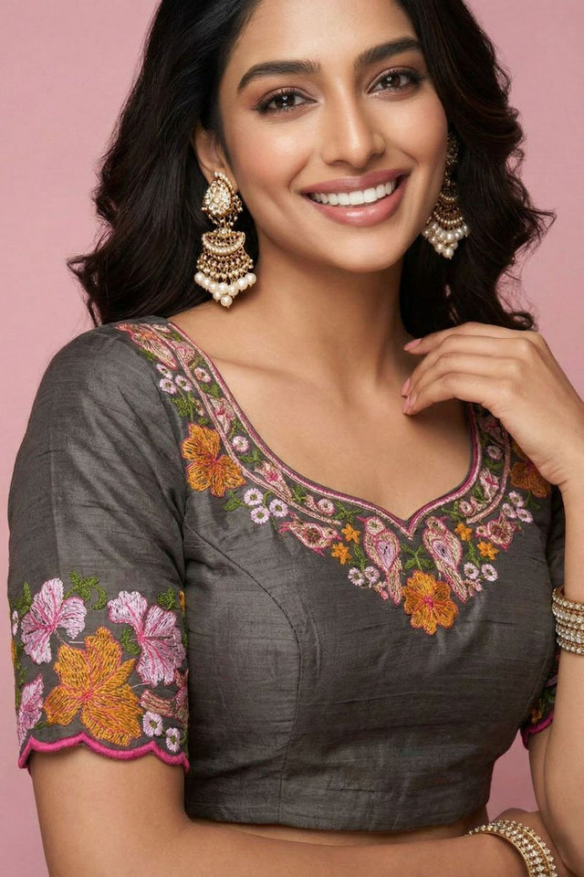 Grey Floral Embroidered Silk Saree (ACB1272)