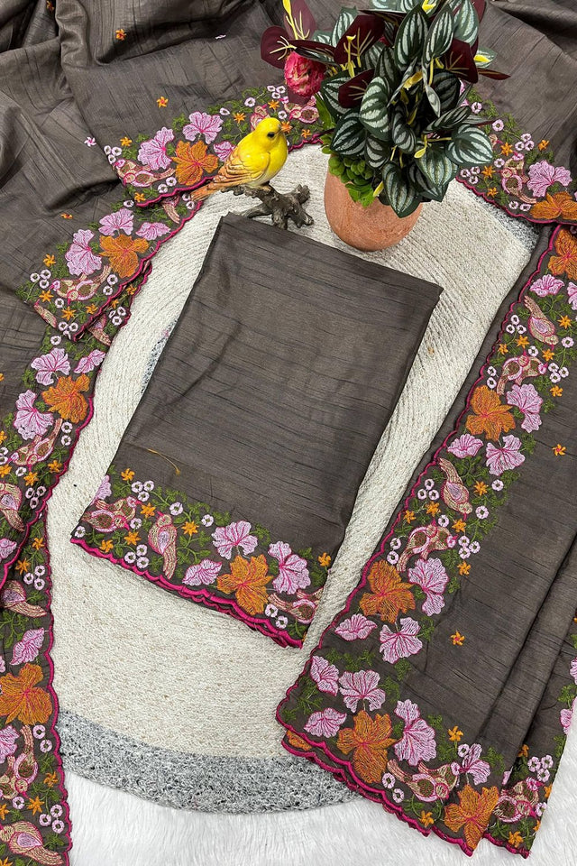 Grey Floral Embroidered Silk Saree (ACB1272)