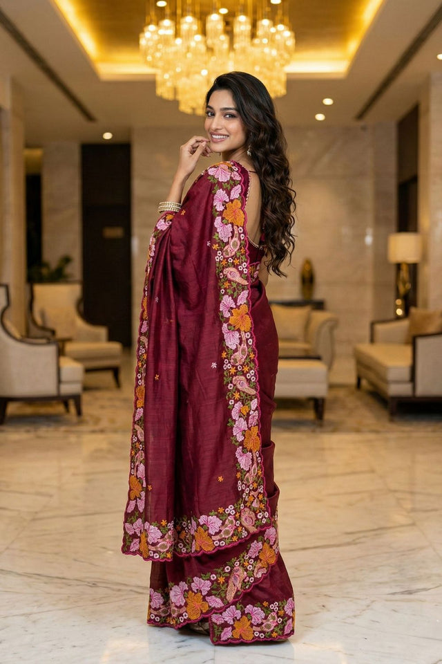Maroon Floral Embroidered Silk Saree (ACB1273)