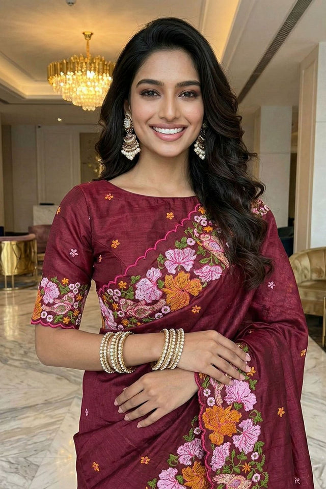 Maroon Floral Embroidered Silk Saree (ACB1273)
