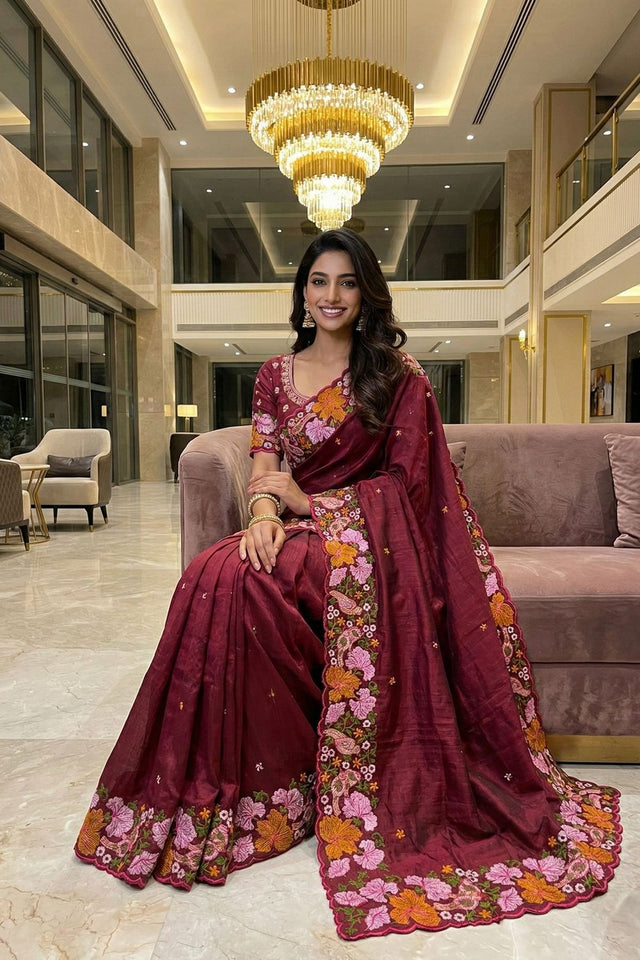 Maroon Floral Embroidered Silk Saree (ACB1273)