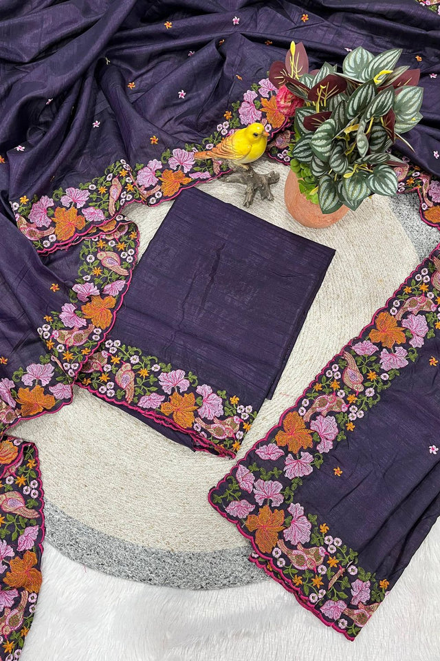 Purple Floral Embroidered Silk Saree (ACB1274)