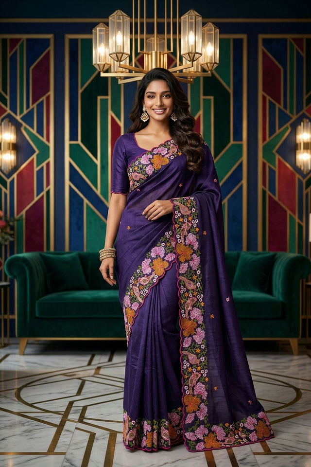 Purple Floral Embroidered Silk Saree (ACB1274)