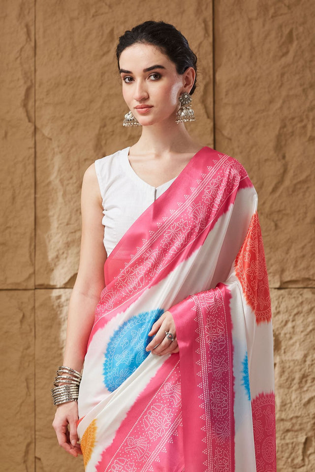 Pink Bandhani Printed Satin Ready to Wear Saree (ACB1275)