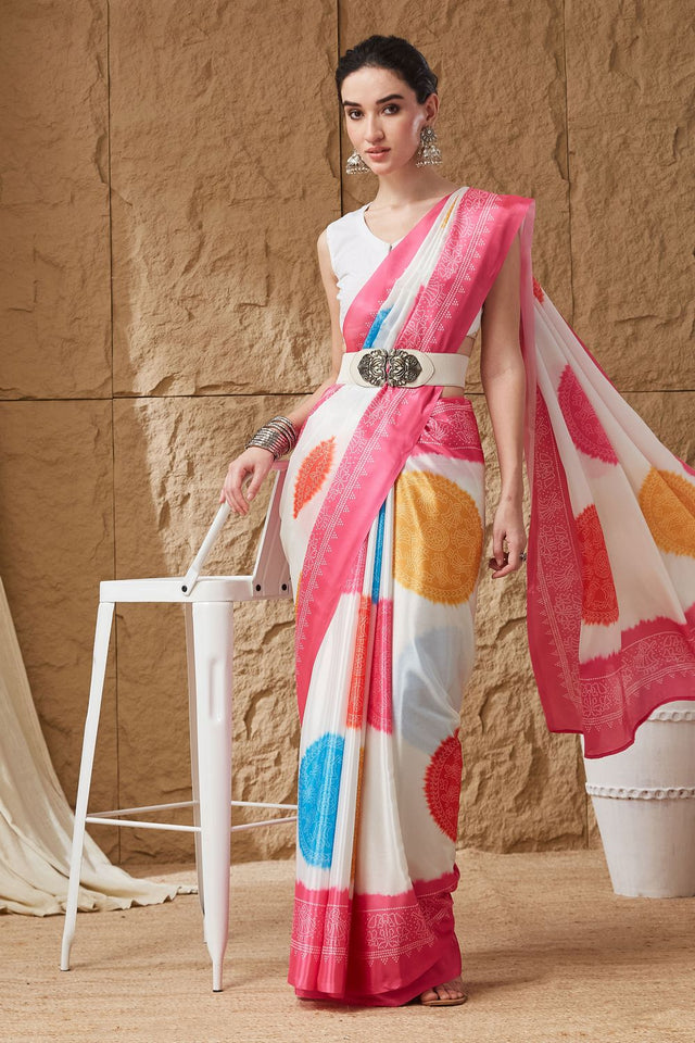 Pink Bandhani Printed Satin Ready to Wear Saree (ACB1275)