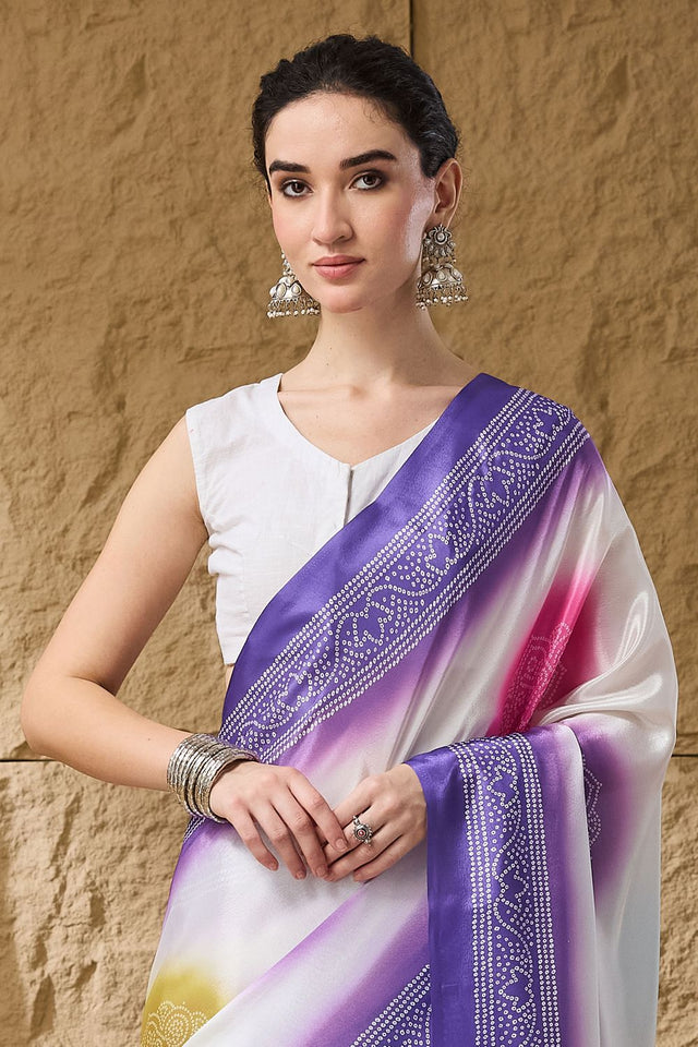 Lavender Bandhani Printed Satin Ready to Wear Saree (ACB1277)