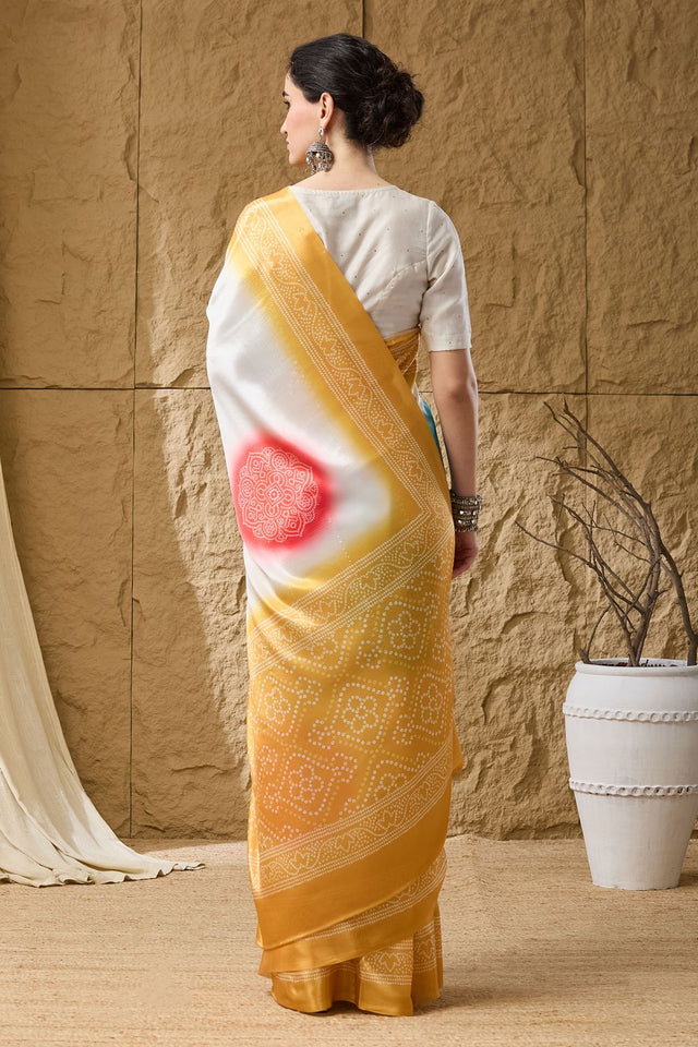 Yellow Bandhani Printed Satin Ready to Wear Saree (ACB1278)