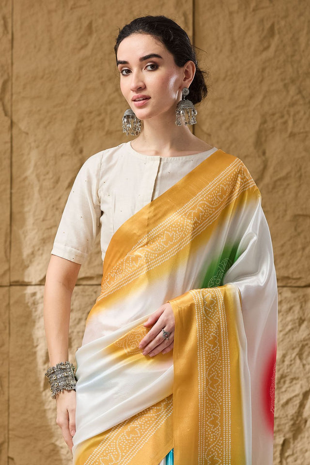 Yellow Bandhani Printed Satin Ready to Wear Saree (ACB1278)