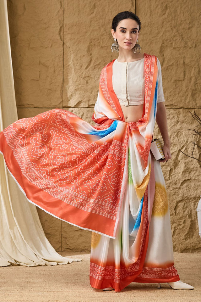 Orange Bandhani Printed Satin Ready to Wear Saree (ACB1279)