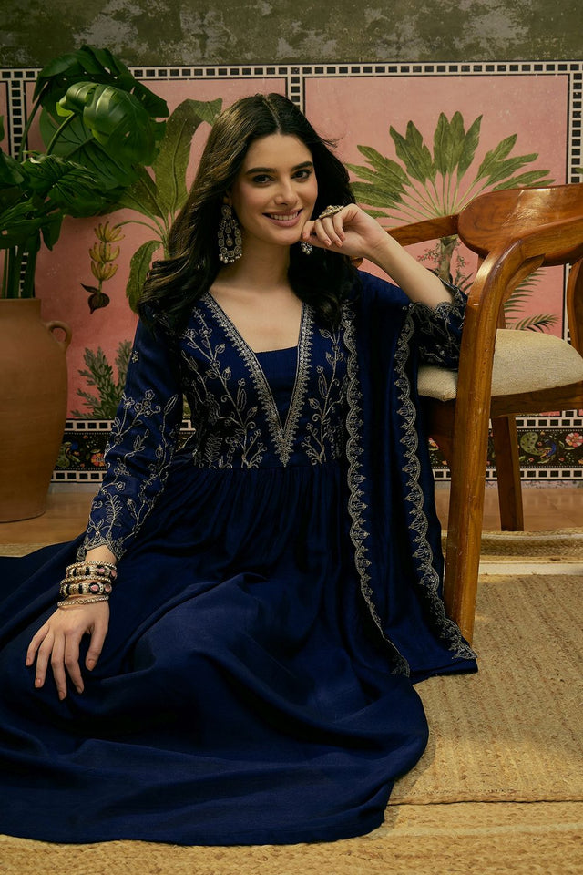Blue Floral Embroidered Silk Anarkali Suit (ACB1284)