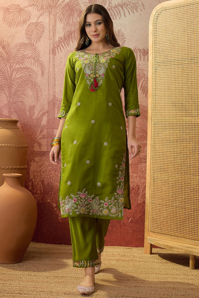 Mehendi Floral Embroidered Rayon Straight Cut Suit (ACB1287)
