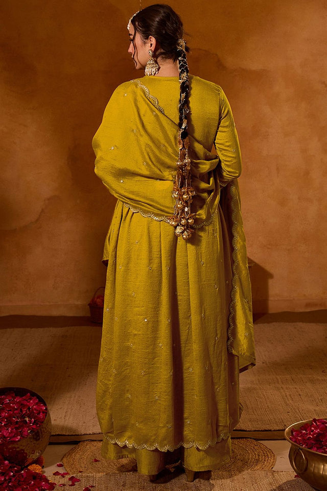 Mustard Sequin Silk Palazzo Suit (ACB1289)