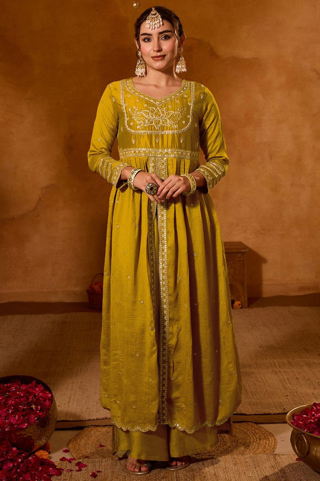 Mustard Sequin Silk Palazzo Suit (ACB1289)