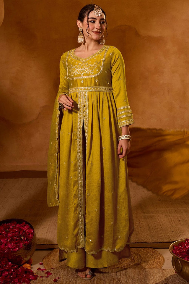Mustard Sequin Silk Palazzo Suit (ACB1289)