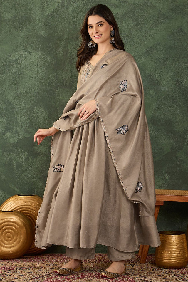 Beige Floral Embroidered Silk Anarkali Suit (ACB1291)