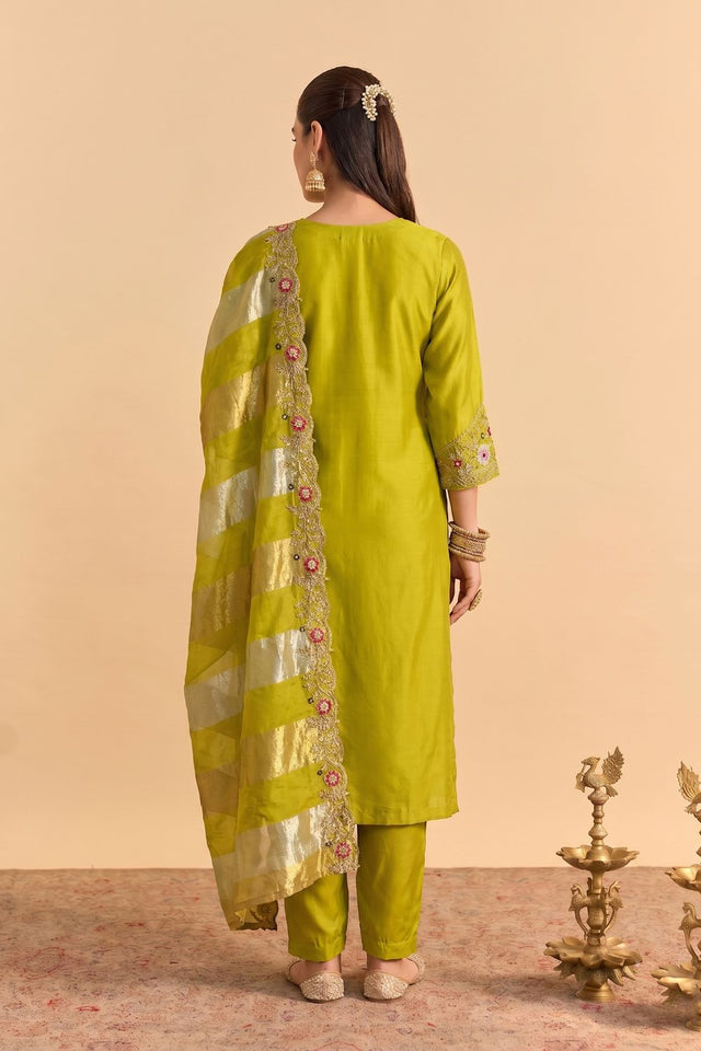 Green Floral Embroidered Silk Blend Straight Cut Suit (ACB1292)
