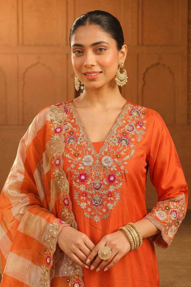 Rust Floral Embroidered Silk Blend Straight Cut Suit (ACB1293)