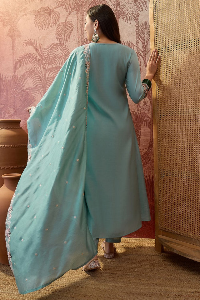 Blue Embroidered Silk Anarkali Suit (ACB1294)