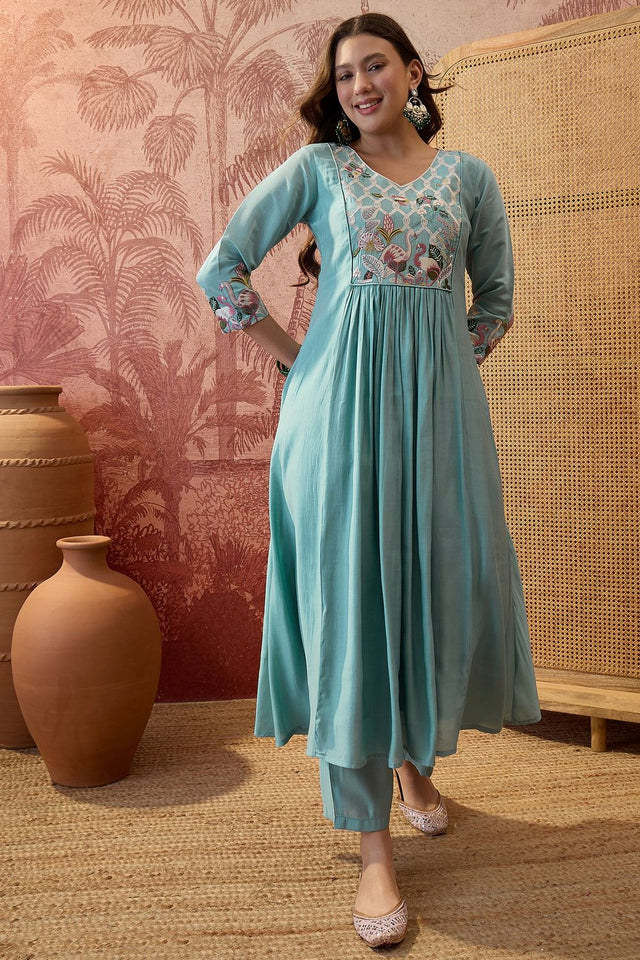 Blue Embroidered Silk Anarkali Suit (ACB1294)
