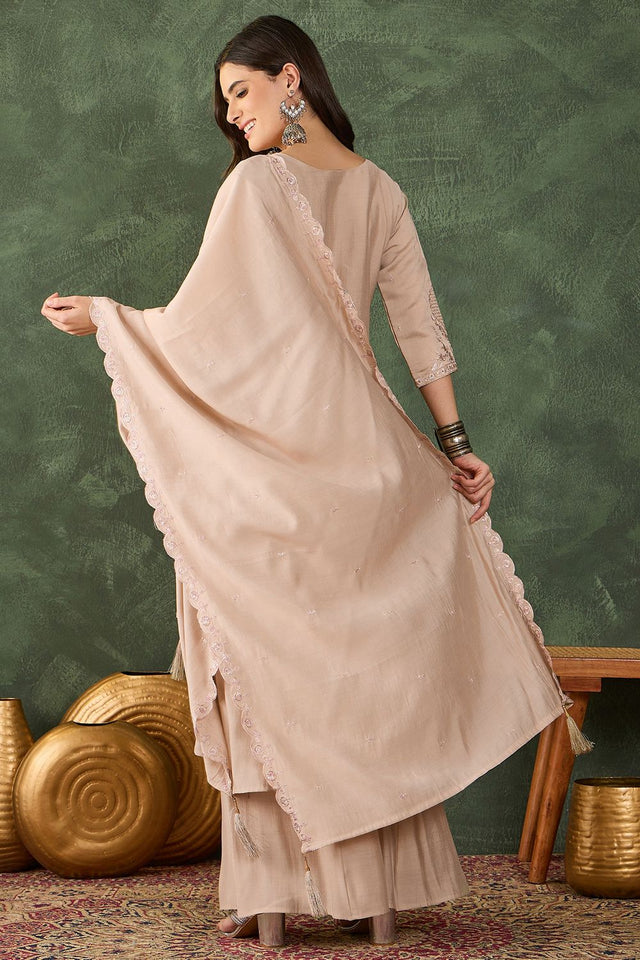 Beige Floral Embroidered Silk Palazzo Suit (ACB1295)