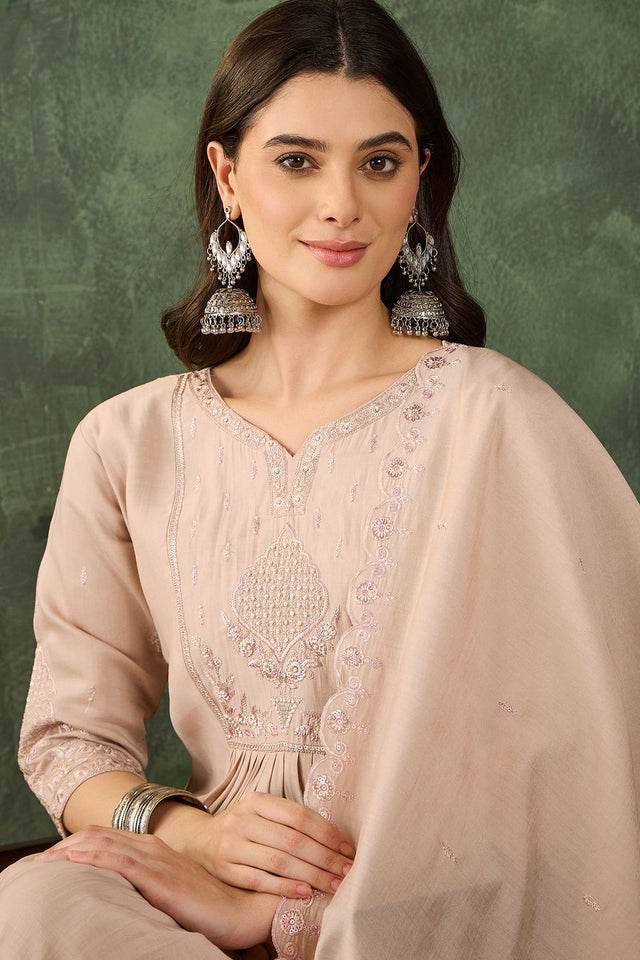 Beige Floral Embroidered Silk Palazzo Suit (ACB1295)