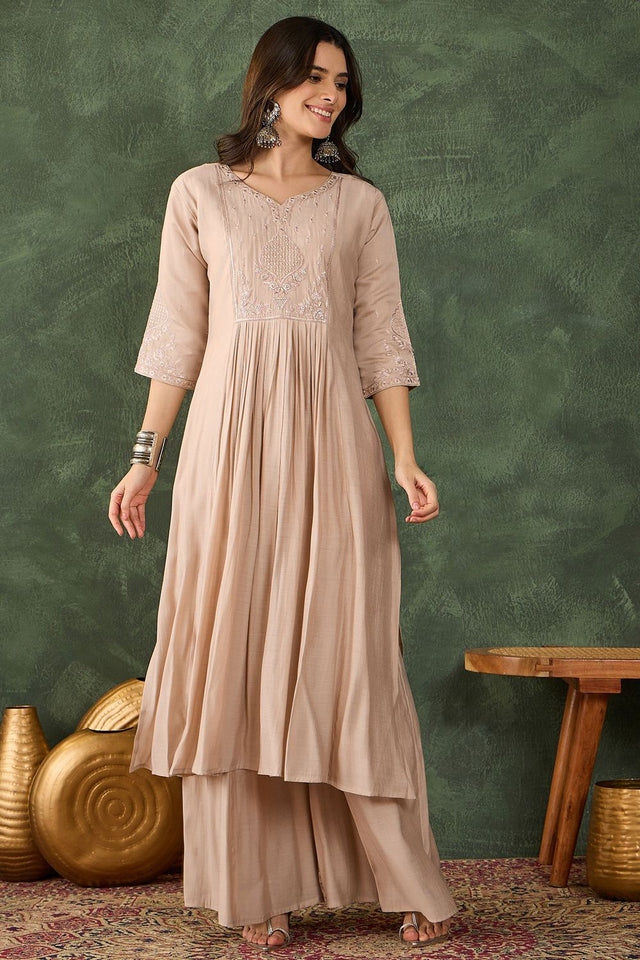 Beige Floral Embroidered Silk Palazzo Suit (ACB1295)