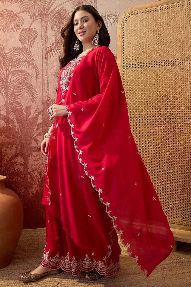 Red Floral Embroidered Silk Palazzo Suit (ACB1297)