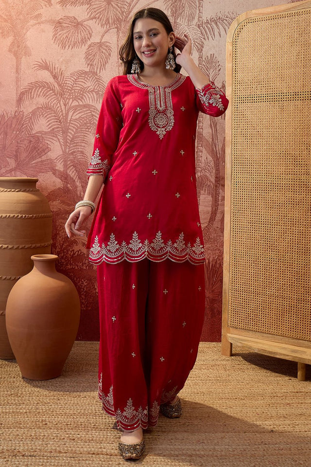 Red Floral Embroidered Silk Palazzo Suit (ACB1297)