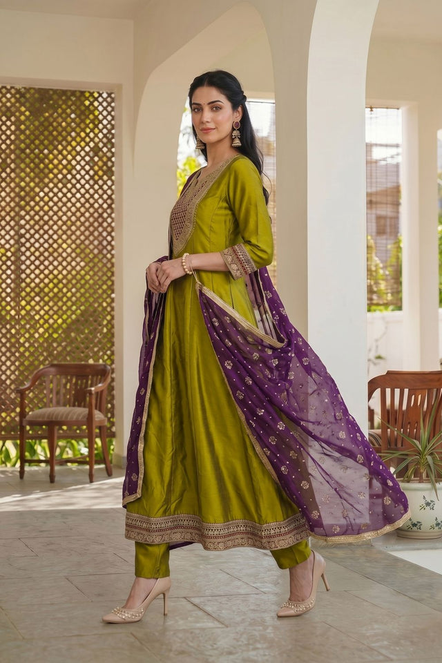 Olive Green Floral Embroidered Silk Anarkali Suit (ACB1298)
