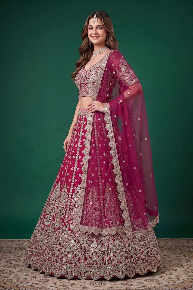 Pink Floral Embroidered Net Lehenga (ACB1299)