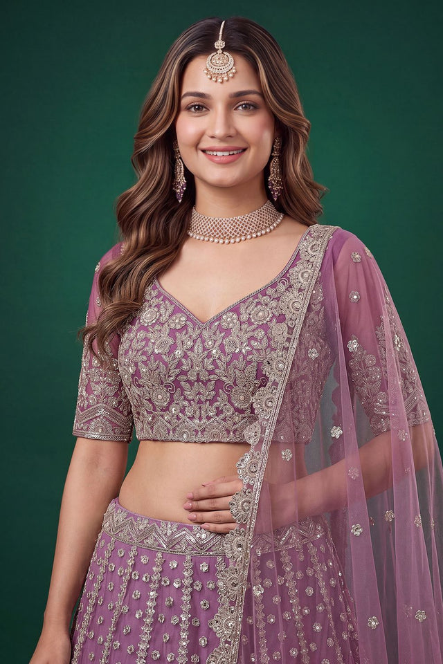 Purple Floral Embroidered Net Lehenga (ACB1301)