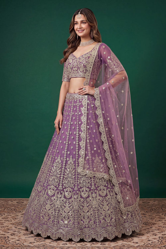 Purple Floral Embroidered Net Lehenga (ACB1301)