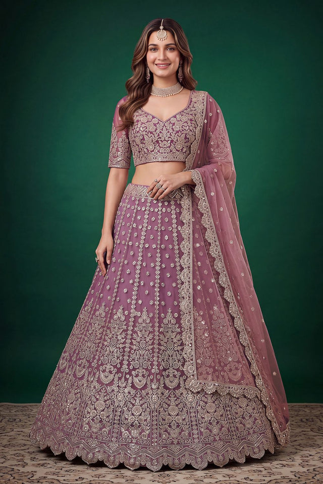 Purple Floral Embroidered Net Lehenga (ACB1301)