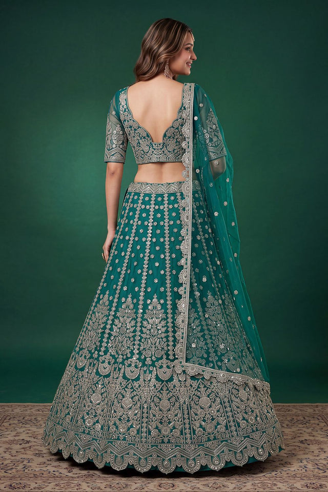 Turquoise Floral Embroidered Net Lehenga (ACB1302)
