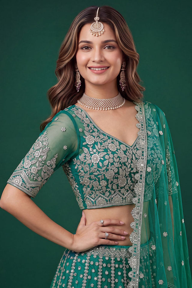 Turquoise Floral Embroidered Net Lehenga (ACB1302)