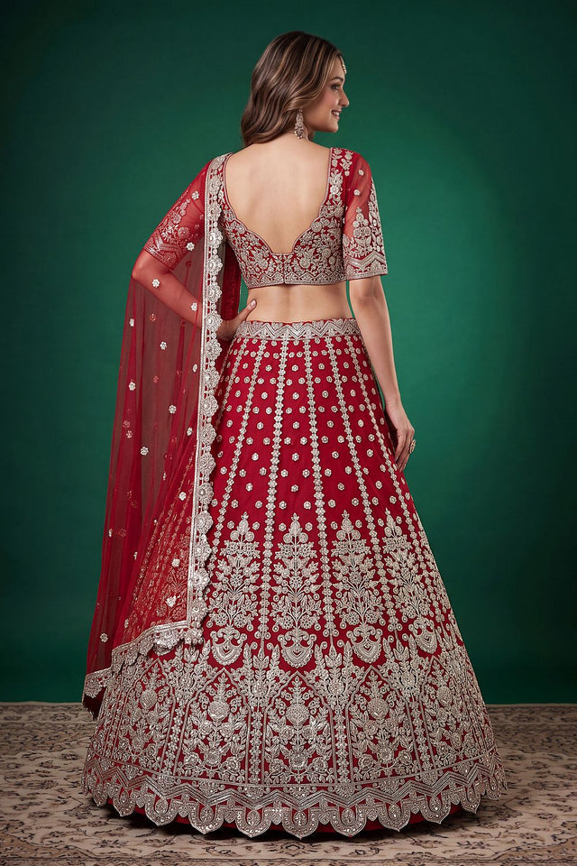 Red Floral Embroidered Net Lehenga (ACB1303)
