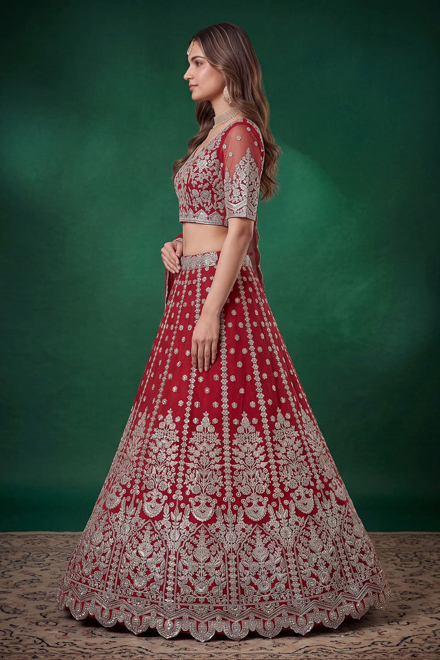 Red Floral Embroidered Net Lehenga (ACB1303)