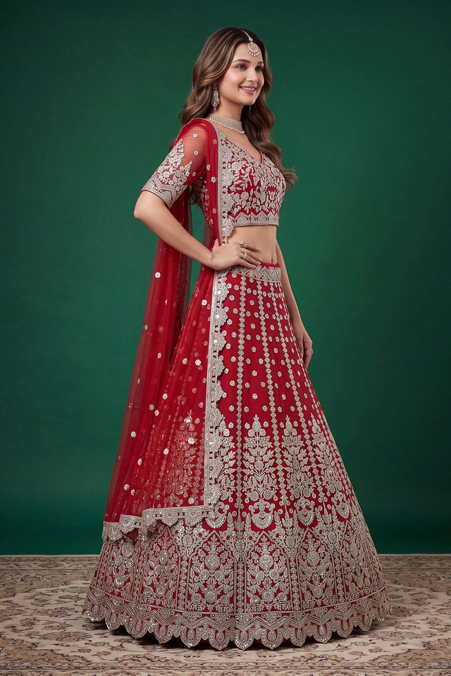 Red Floral Embroidered Net Lehenga (ACB1303)