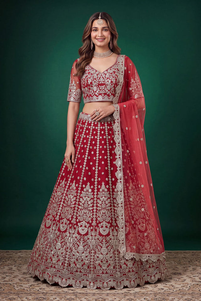 Red Floral Embroidered Net Lehenga (ACB1303)