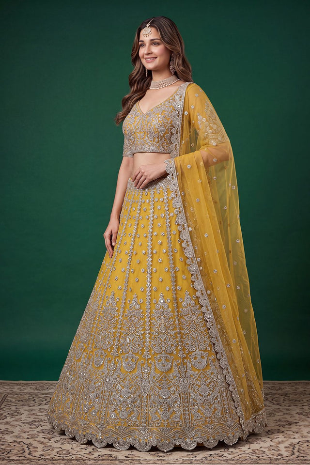 Yellow Floral Embroidered Net Lehenga (ACB1304)