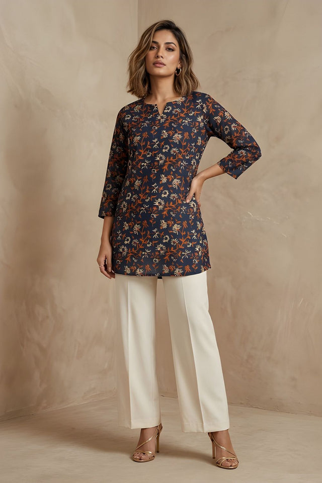 Blue Printed Cotton Blend Short Kurti (ACB1305)