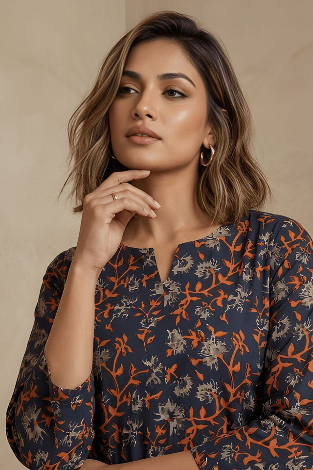 Blue Printed Cotton Blend Short Kurti (ACB1305)