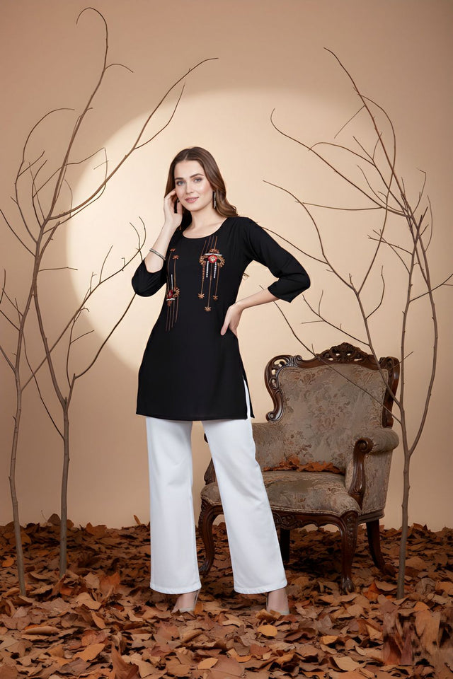 Black Embroidered Rayon Short Kurti (ACB1307)