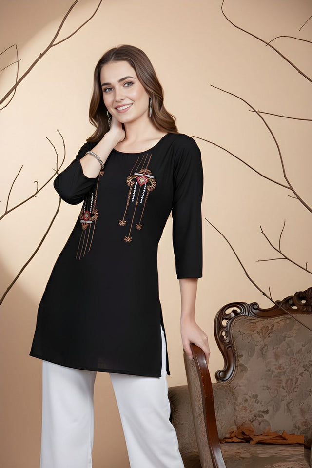 Black Embroidered Rayon Short Kurti (ACB1307)