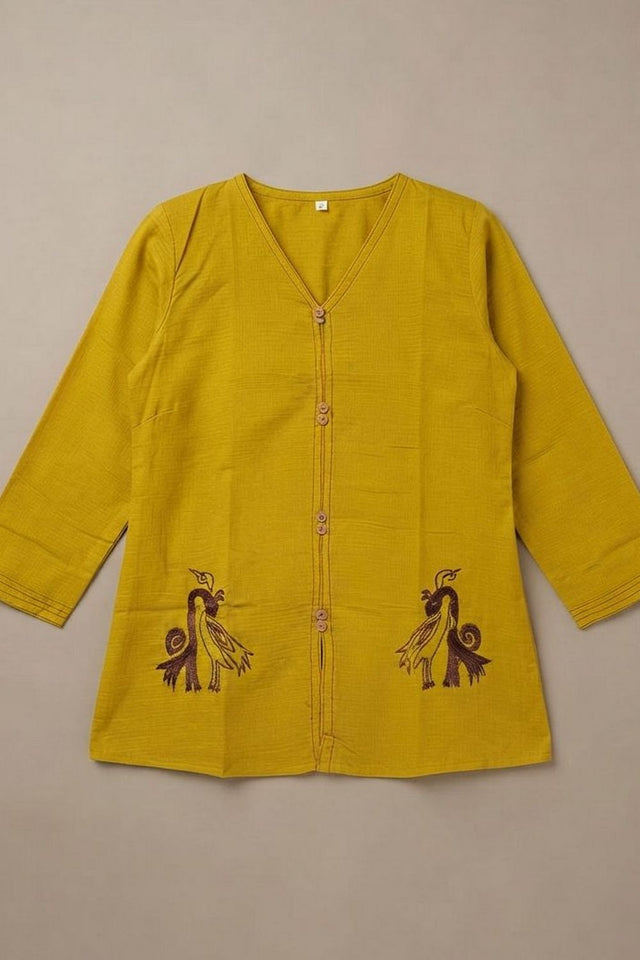 Mustard Embroidered Cotton Silk Top (ACB1309)