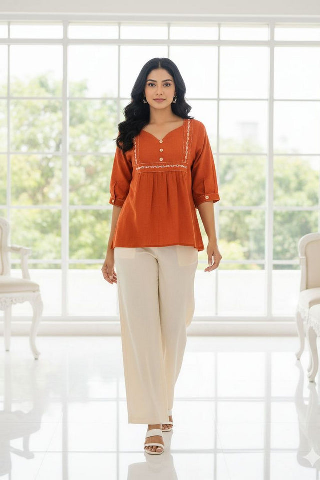 Rust Embroidered Cotton Top (ACB1310)